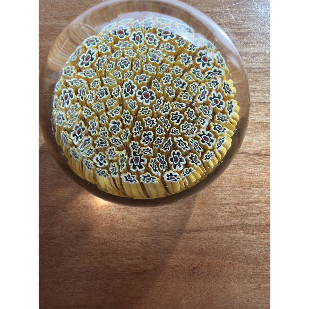 Vintage Murano Yellow Multicolored Millefiori Glass Paperweight 2.5"